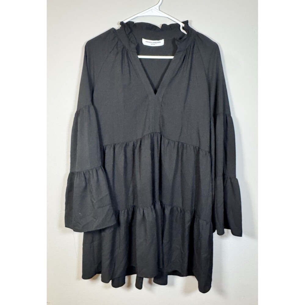 Amanda Uprichard Women's Black V-Neck Ruffle Bell Sleeve Shift Mini Dress S